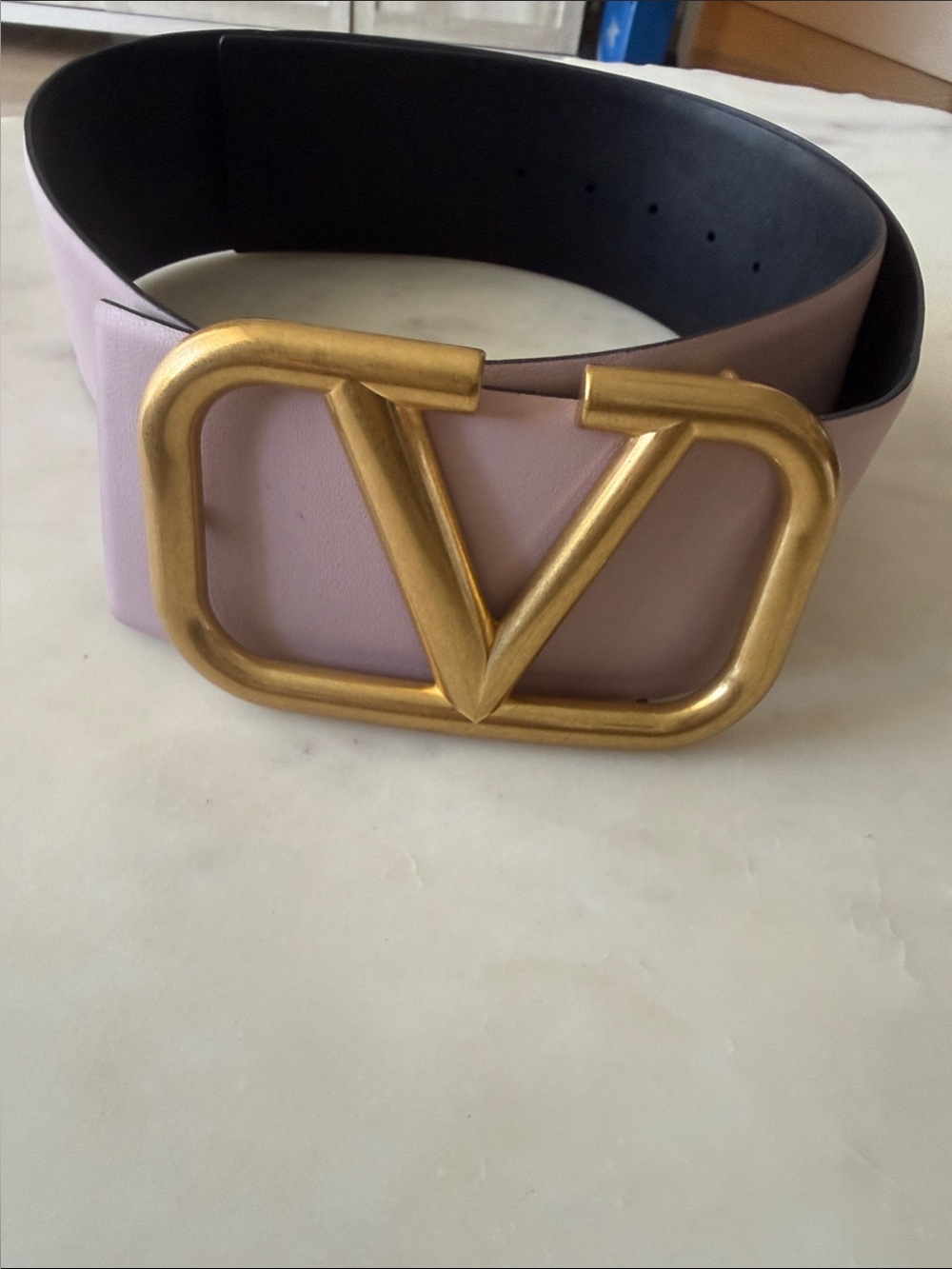 Valentino Wide Pink Leather Belt with Gold V Buckle